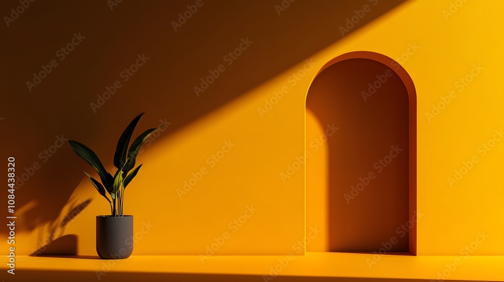 A vibrant yellow room with an arched niche and a potted plant. A vibrant yellow room with an arched niche and a potted plant.