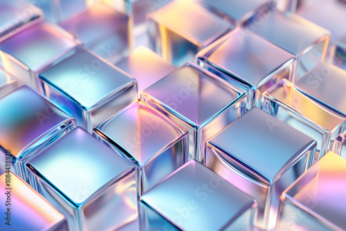 Abstract iridescent glass geometric square elements on a white background. 