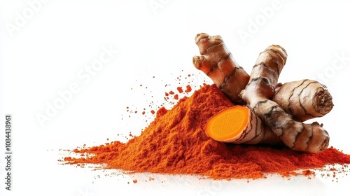 Whole turmeric roots are displayed alongside a vibrant heap of ground turmeric powder against a clean white background, emphasizing the spice's color and texture.