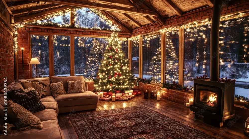 Cozy Christmas tree setup with fireplace in brick house for holiday atmosphere Cozy Christmas tree setup with fireplace in brick house for holiday atmosphere