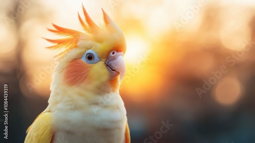 A cozy cockatoo revels in the soothing glow of an orange sunset, showcasing overlapping feathers and a vivid landscape behind in peaceful composure. photo