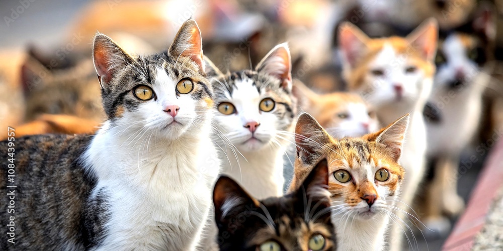 Dozens of Cats of Various Breeds and Colors Curiously Gazing at the Camera in a Vibrant Macro Photography Scene, Showcasing Their Unique Features and Personalities Dozens of Cats of Various Breeds and Colors Curiously Gazing at the Camera in a Vibrant Macro Photography Scene, Showcasing Their Unique Features and Personalities