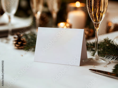 Festive Holiday Table Mockup with Blank Card, Champagne Glasses, Gold Ornaments, and Pine – Ideal for Winter Celebration Invitations