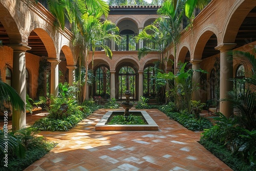 sophisticated interior design of a grand mansion styled like a monastery, featuring elegant architecture and lush vegetation, creating a serene and tranquil atmosphere that merges luxury with nature photo