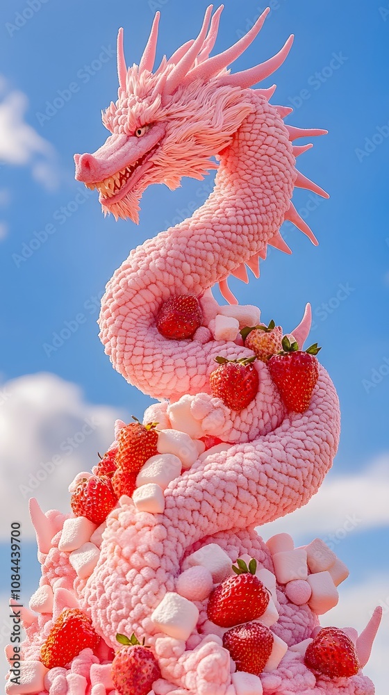 Naklejka premium Pink Marshmallow Dragon, Sweets, Candies, Abstract Image, Texture, Pattern Background, Wallpaper, Cover and Screen for Smartphone, PC, Laptop, 9:16 and 16:9 Format