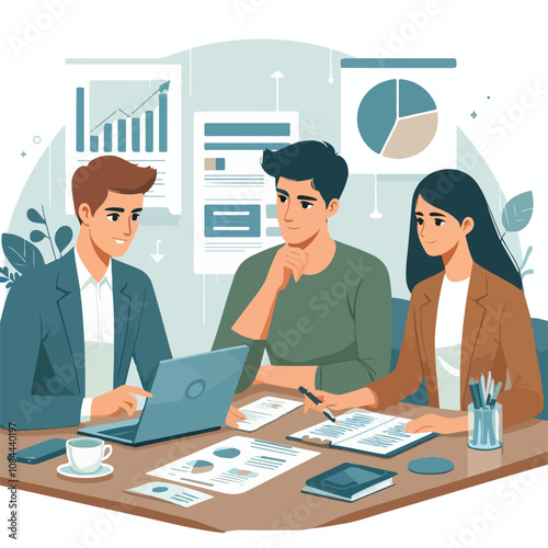 Partners meeting for business discussion with documents and laptop on desk. Couple at round table, speaking, discussing work, partnership. Flat vector on a white background