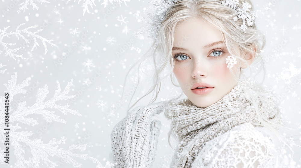 a beautiful winter scene where a stunning woman captivates with elegance and style. Her fair, radiant skin contrasts against the soft, snowy background, 