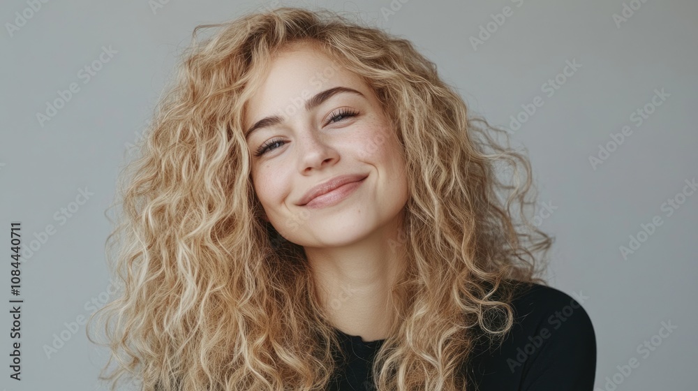 Radiant Blonde Model with Gorgeous Curly Locks, Smiling Against a Subtle Gray Backdrop Radiant Blonde Model with Gorgeous Curly Locks, Smiling Against a Subtle Gray Backdrop
