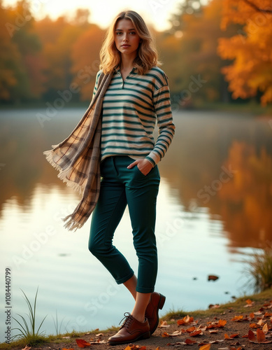 Autumn fashion editorial: stylish rugbycore outfit near serene lake setting photo