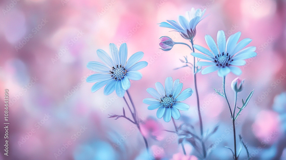 Fototapeta premium Delicate blue and pink flowers blooming in a serene garden during early springtime