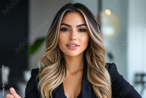 Wallpaper Mural Close-up of a woman in professional attire, confidently leading a business meeting in a modern office Torontodigital.ca