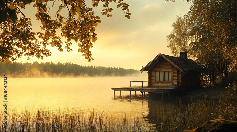 Fototapeta premium Wooden cabin on a lake with fog and sunrise.