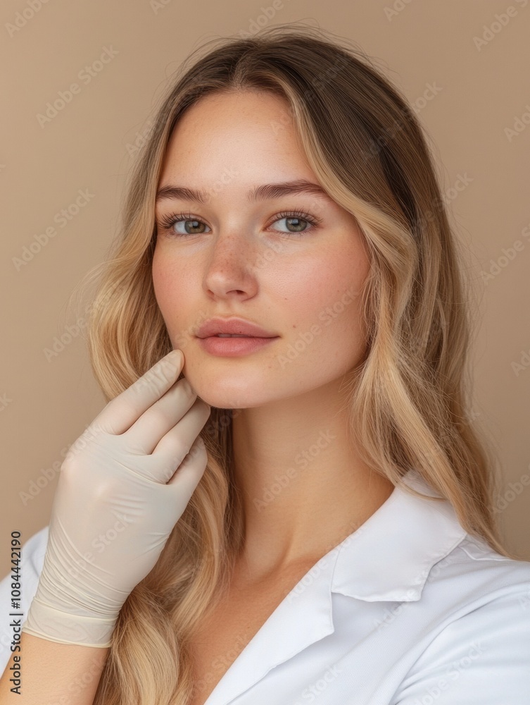 A young woman in a clinical setting contemplates cosmetic enhancements while lightly touching her face, wearing a minimalist outfit. Generative AI A young woman in a clinical setting contemplates cosmetic enhancements while lightly touching her face, wearing a minimalist outfit. Generative AI