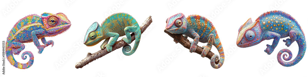 Obraz premium Colorful chameleons perched on branches displaying vibrant textures transparent background