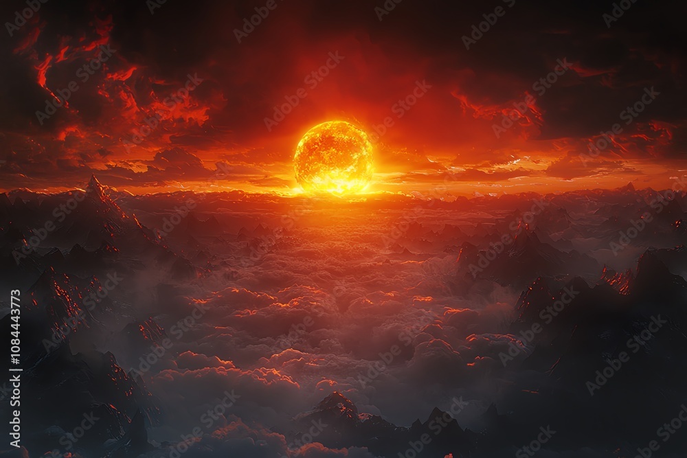 Dramatic fiery sunset over rugged mountain peaks with dense cloud cover. Dramatic fiery sunset over rugged mountain peaks with dense cloud cover.