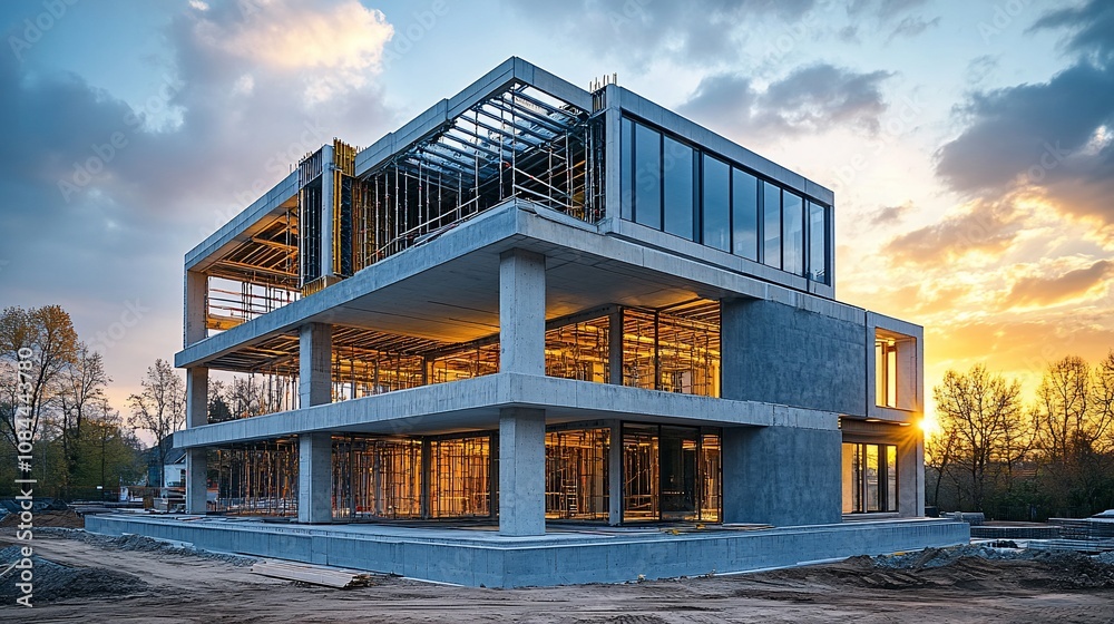 Modern house under construction at sunset. Modern house under construction at sunset.