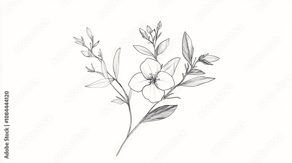Simple line drawing of a flower and leaves showcasing nature’s elegance in a minimalist style