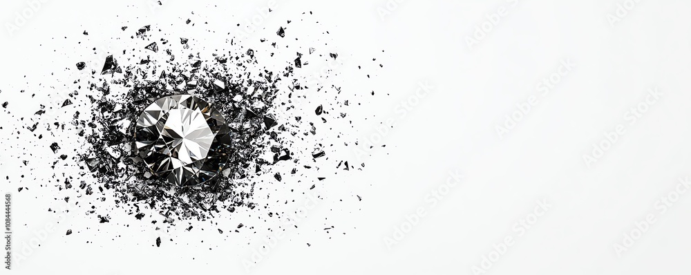 Obraz premium Diamond surrounded by scattered black particles on a white background.