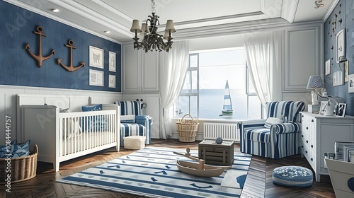 Stylish baby room with a nautical theme featuring anchors and sailboats photo