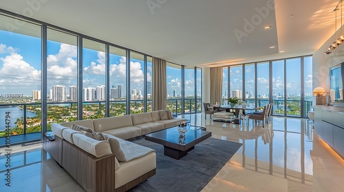 An open living space in South Florida, offering sweeping views of the city and water through expansive floor-to-ceiling windows