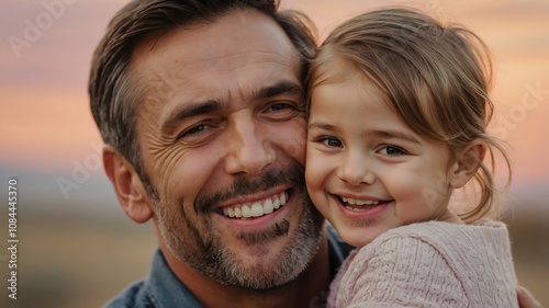 A heartwarming portrait of a father and his daughter sharing a tender moment, captured against a soft sunset backdrop. Their smiles and closeness reflect the deep bond of love and affection.