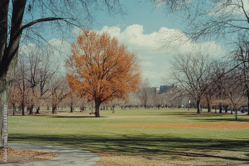 Obraz premium Lush Green Glade in Urban Park Surrounded by Trees Under a Clear Blue Sky