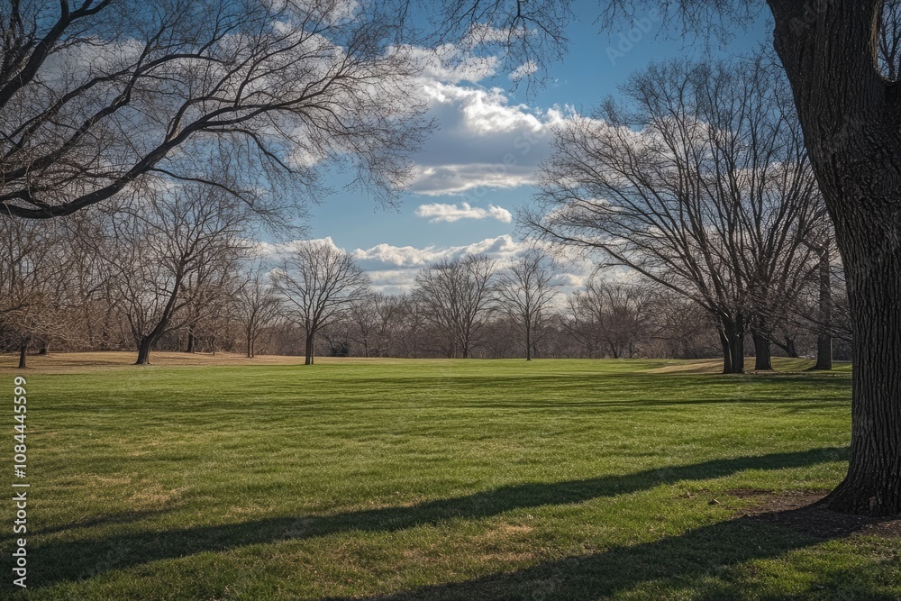 Lush Park Oasis: Vibrant Green Grass Meets Towering Trees Under a Bright Blue Spring Sky Lush Park Oasis: Vibrant Green Grass Meets Towering Trees Under a Bright Blue Spring Sky