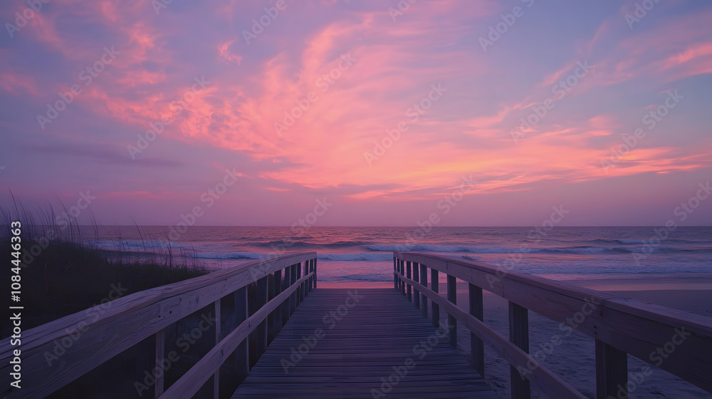 Obraz premium Serene sunset over the ocean, viewed from a wooden walkway. Peaceful pink and purple hues paint the sky.