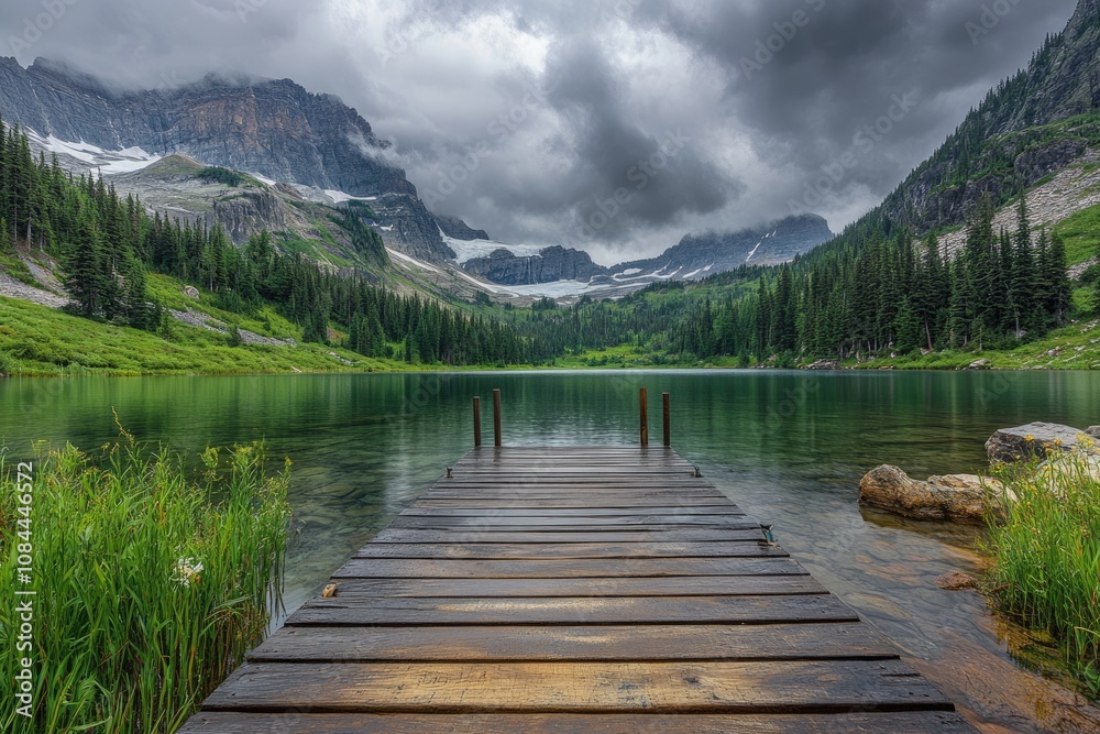 Fototapeta premium Serene Dock View on a Tranquil Overcast Lake in Glacier National Park, Montana