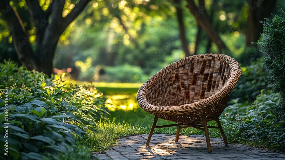 Wicker rattan chair in a green summer garden, Garden furniture, outdoor decor, relaxation, nature, backyard Wicker rattan chair in a green summer garden, Garden furniture, outdoor decor, relaxation, nature, backyard