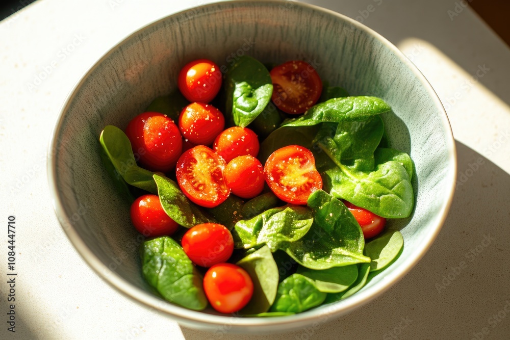 Sunlit Bowl of Cut Cherry Tomatoes and Spinach Sunlit Bowl of Cut Cherry Tomatoes and Spinach