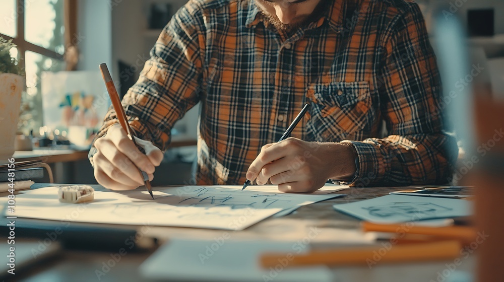 Architect at work, sketching interior design plans with color samples and art tools. A creative studio environment. Architect at work, sketching interior design plans with color samples and art tools. A creative studio environment.