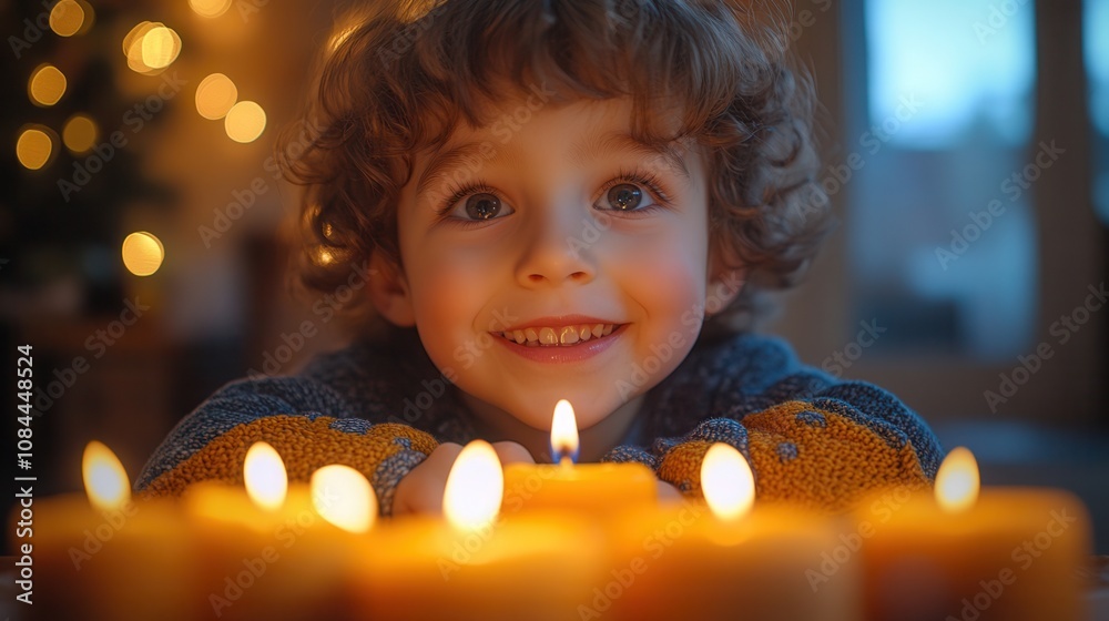 A child lights the first candle of Hanukkah in a cozy Jewish home during winter with joy and hope illuminating the atmosphere A child lights the first candle of Hanukkah in a cozy Jewish home during winter with joy and hope illuminating the atmosphere