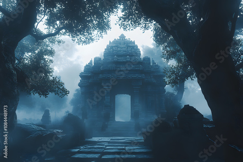 Mysterious stone archway, shrouded in mist, stands tall within a dense forest. A scene of serene mystery.