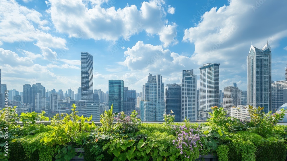Urban Skyline with Green Rooftop Garden Urban Skyline with Green Rooftop Garden