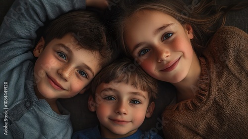 happy family with two children lying down and looking at camera - portrait