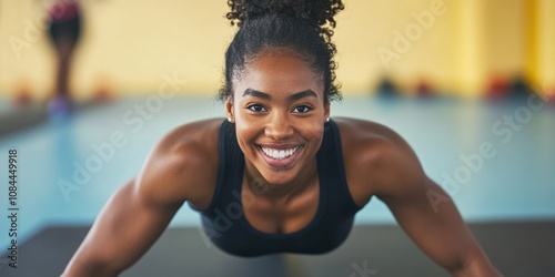 Joyful African American Woman Engaged in Pushups During Energetic Fitness Class with Friends