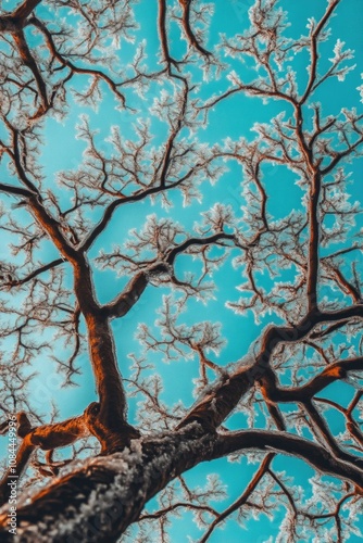 Crystalized ice on tree limbs with a bright blue winter sky