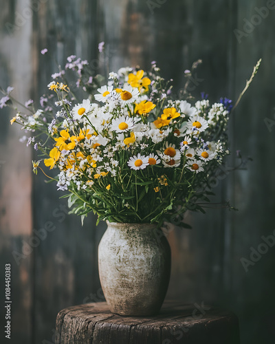 Wallpaper Mural A rustic still life featuring a charming bouquet of wildflowers, predominantly daisies and yellow blooms, arranged in a weathered vase.  Torontodigital.ca