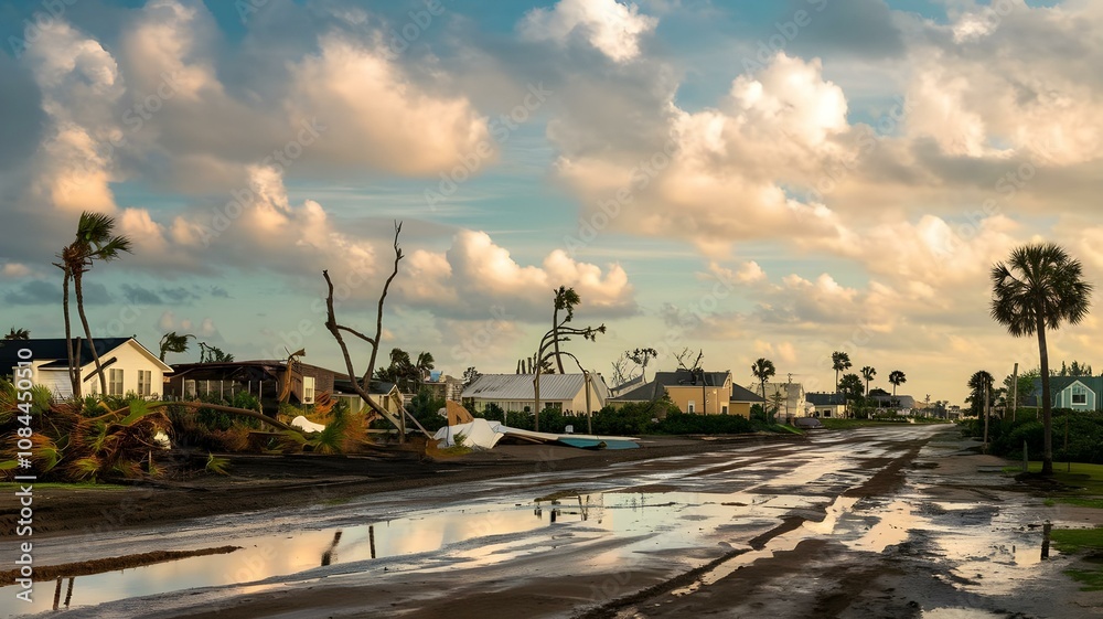Fototapeta premium Devastated Coastal Community: A Striking Landscape After a Storm with Damaged Homes, Fallen Palm Trees, and Reflections on the Wet Ground Under Dramatic Clouds