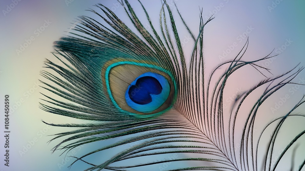 Fototapeta premium Stunning Close-Up of a Vibrant Peacock Feather: A Colorful Display of Nature’s Beauty with Rich Blues and Greens, Perfect for Artistic and Decorative Uses
