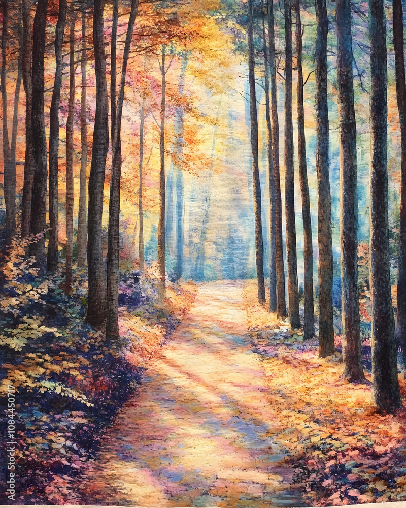 Obraz premium A sunlit path winds through a vibrant autumn forest, the warm colors of the leaves contrasting with the cool blue hues of the shadows. A peaceful and enchanting scene.