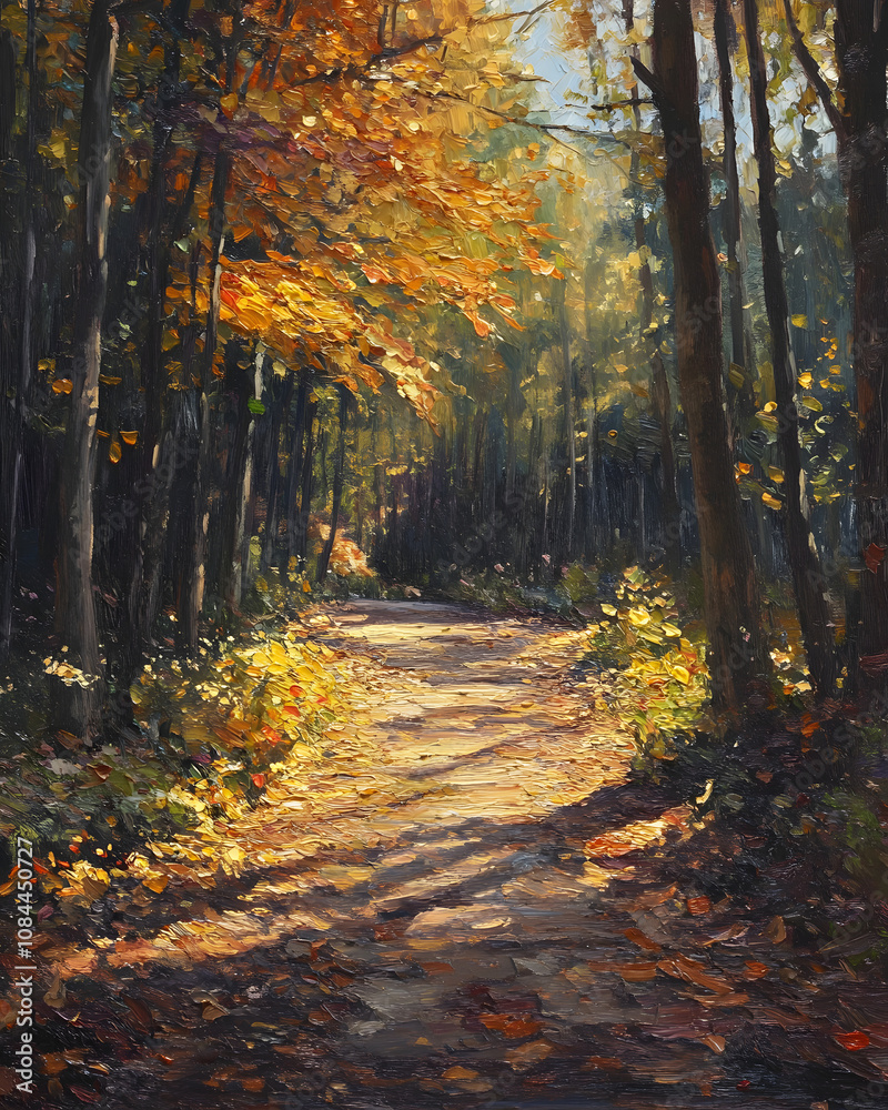 Obraz premium Sunlit path winding through a forest in autumn. Golden leaves and long shadows create a warm, inviting scene.
