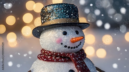 a sparkly snowman with a glittery scarf and hat. background with bokeh effect , snowflakes and tiny lights 