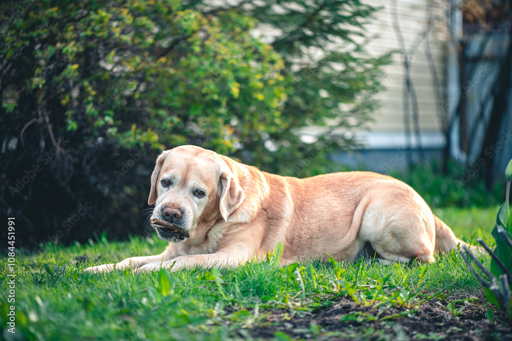 Adorable fawn Labrador on the grass gnaws on a stick. Recreation, Garden Adorable fawn Labrador on the grass gnaws on a stick. Recreation, Garden