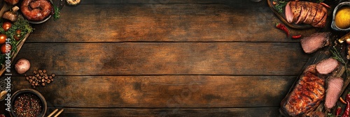 Wallpaper Mural Succulent BBQ Delights: A Captivating Display of Grilled Meats and Aged Culinary Tools on Rustic Wooden Surface Torontodigital.ca