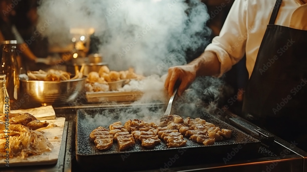 Chef grilling meat on a hot plate, smoky atmosphere. Chef grilling meat on a hot plate, smoky atmosphere.