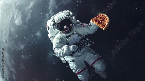 Isolated astronaut happily eating pizza in outer space