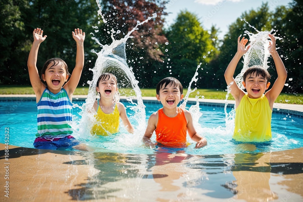 Happy Kids Playing in the Pool Splashing Water During Summer Break ...
