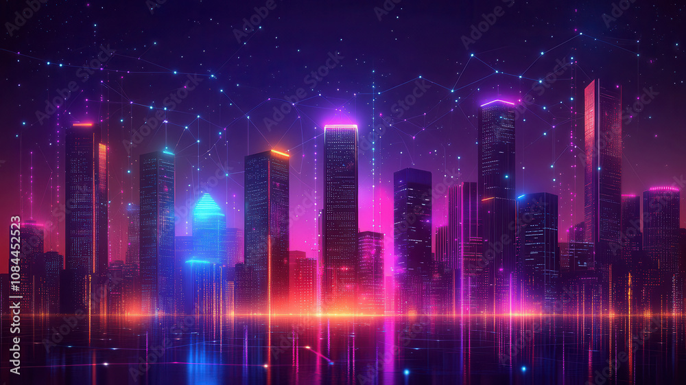 Fototapeta premium Futuristic city skyline with smart buildings, glowing data lines, and autonomous drones under a vibrant neon night sky